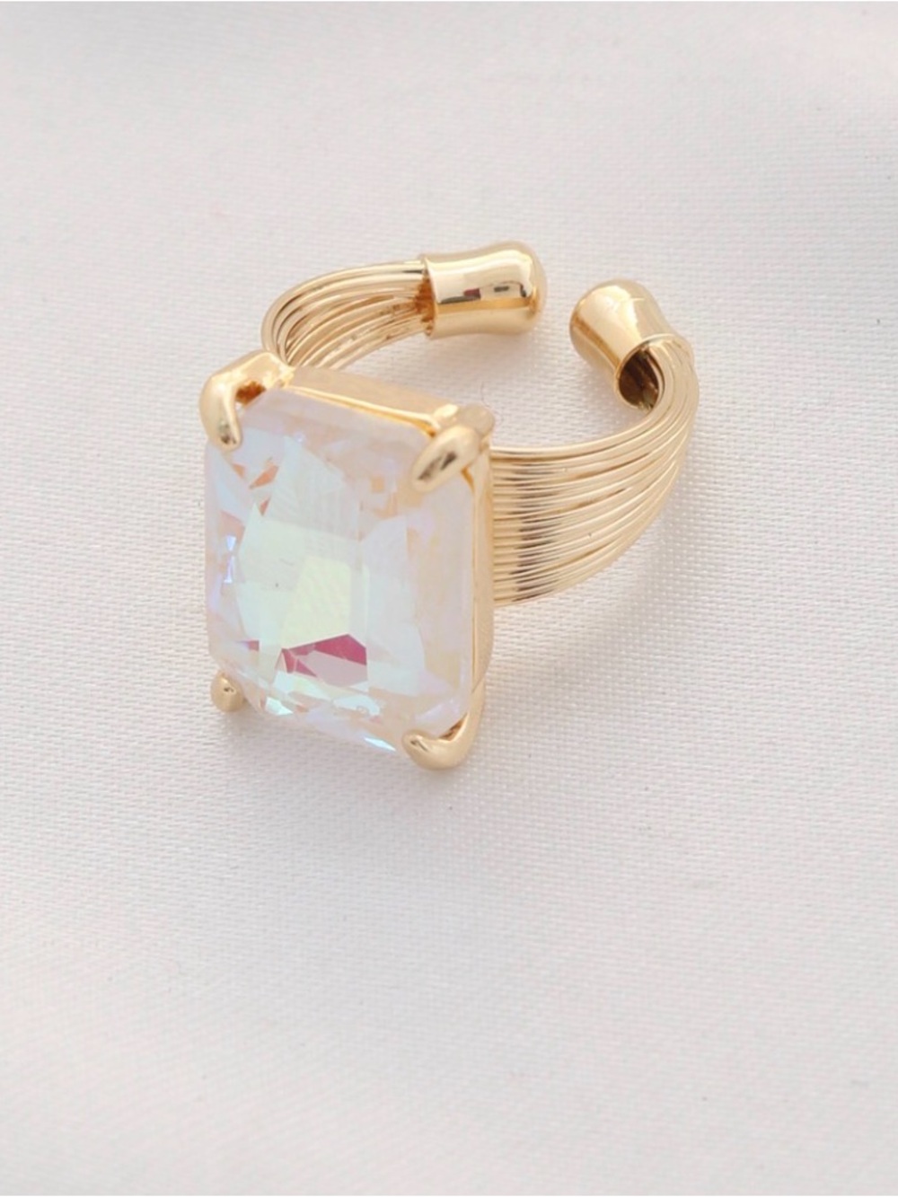 Gold Adjustable Ring with Iridescent Square Stone
